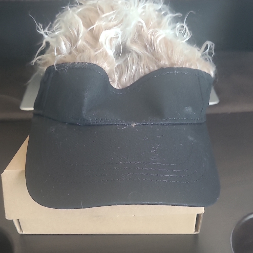 Cream and Black Novelty Hat with Fluffy Hair